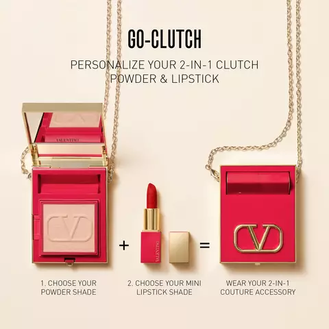 Texte alternatif : Image promotionnelle presentant un accessoire de maquillage 2-en-1 avec une poudre et un rouge a levres dans un etui elegant, accompagne de deux etapes pour le personnaliser.